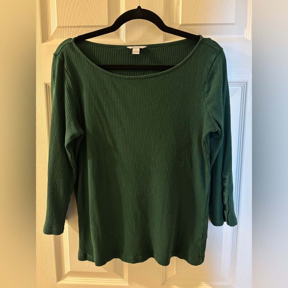 Nautica Forest Green Ribbed Long Sleeve Cotton Top Large